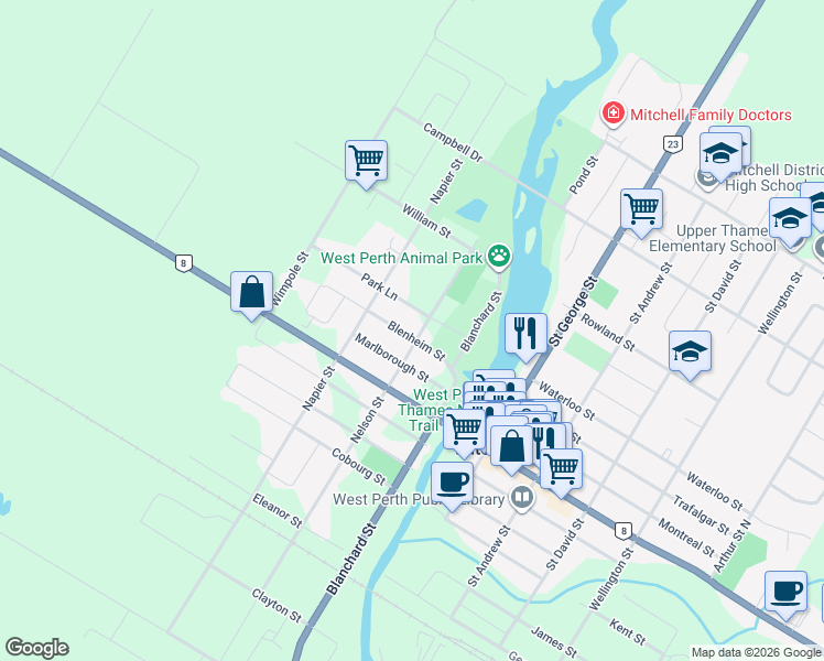map of restaurants, bars, coffee shops, grocery stores, and more near 148 Nelson Street in Mitchell