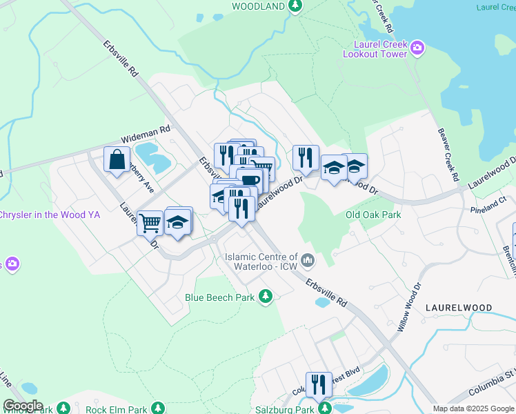 map of restaurants, bars, coffee shops, grocery stores, and more near 505 Laurelwood Drive in Waterloo