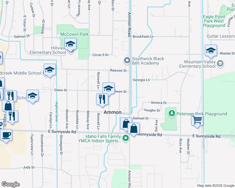 map of restaurants, bars, coffee shops, grocery stores, and more near 3440 Owen Street in Ammon