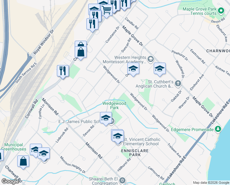 map of restaurants, bars, coffee shops, grocery stores, and more near 1390 Devon Road in Oakville
