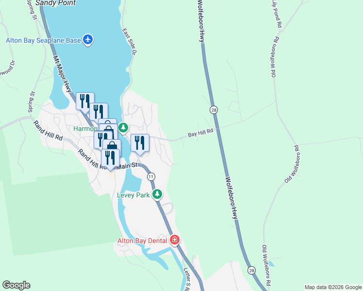 map of restaurants, bars, coffee shops, grocery stores, and more near 52 Bay Hill Road in Alton
