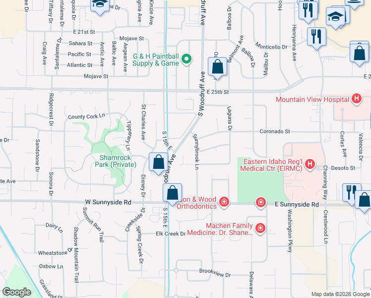 map of restaurants, bars, coffee shops, grocery stores, and more near 1573 Delmar Circle in Idaho Falls