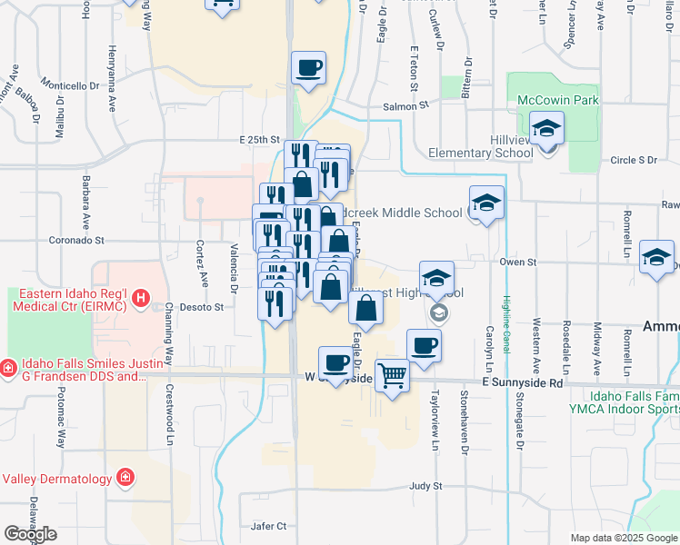 map of restaurants, bars, coffee shops, grocery stores, and more near 2909 South 25th East in Ammon