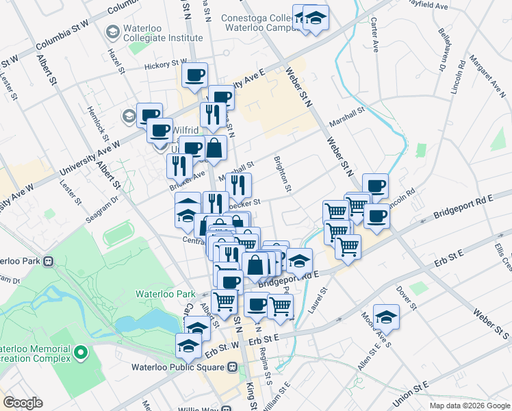 map of restaurants, bars, coffee shops, grocery stores, and more near 39 Noecker Street in Waterloo
