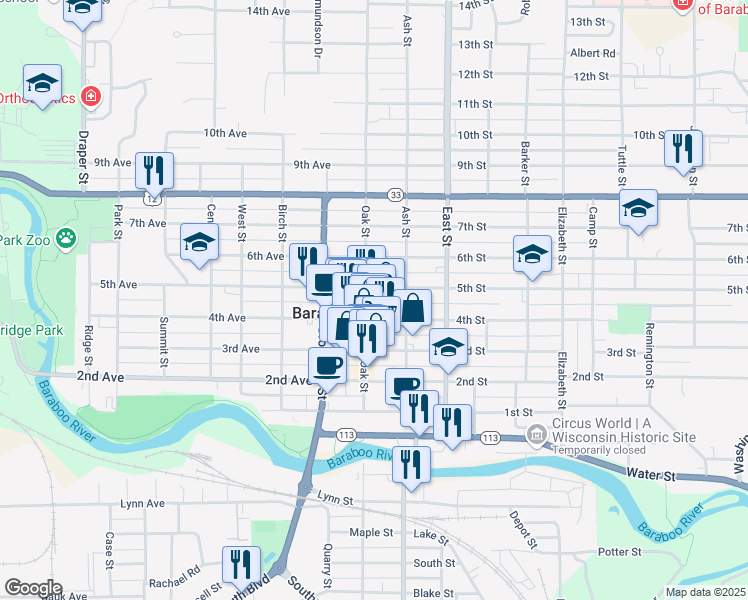 map of restaurants, bars, coffee shops, grocery stores, and more near 616 Oak Street in Baraboo