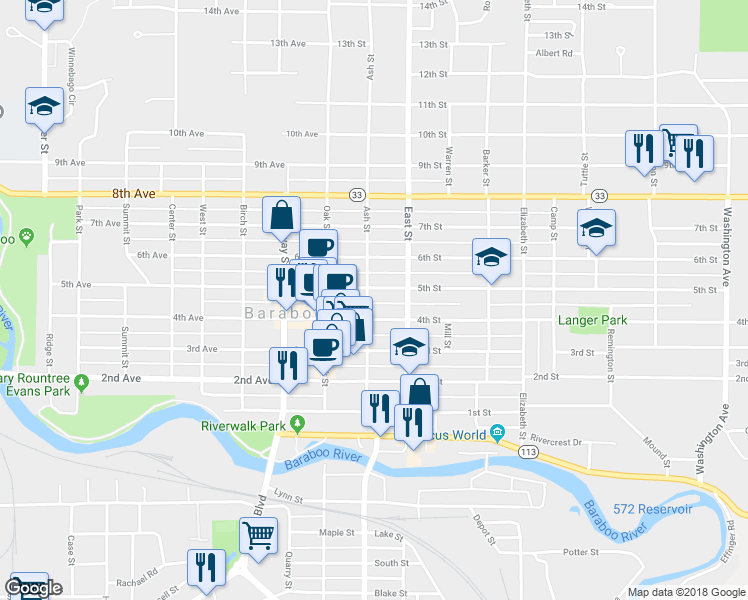 map of restaurants, bars, coffee shops, grocery stores, and more near 614 Ash Street in Baraboo