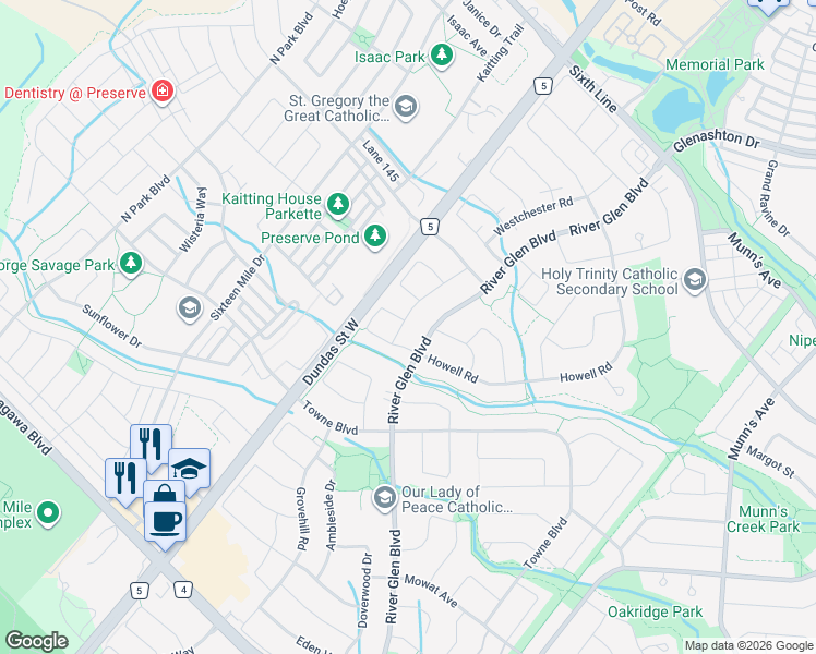 map of restaurants, bars, coffee shops, grocery stores, and more near 256 Lexington Road in Oakville
