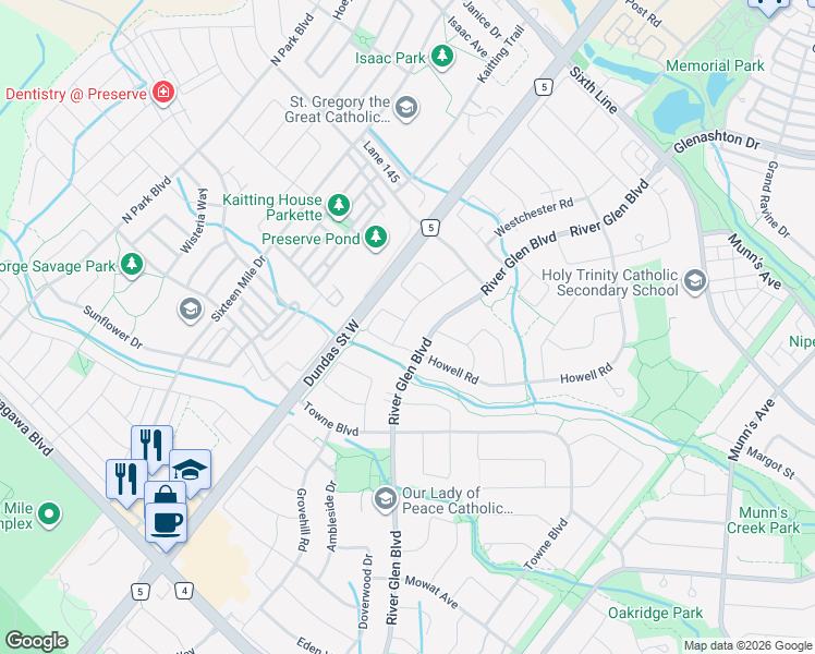 map of restaurants, bars, coffee shops, grocery stores, and more near 256 Lexington Road in Oakville