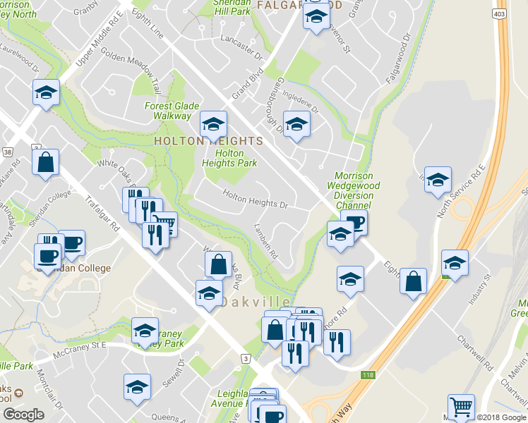 map of restaurants, bars, coffee shops, grocery stores, and more near 1220 Lambeth Road in Oakville