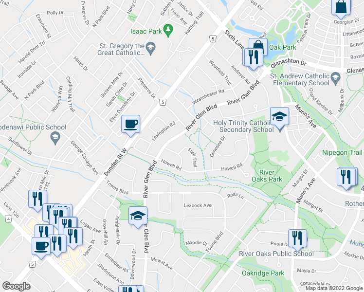 map of restaurants, bars, coffee shops, grocery stores, and more near 2467 Stefi Trail in Oakville