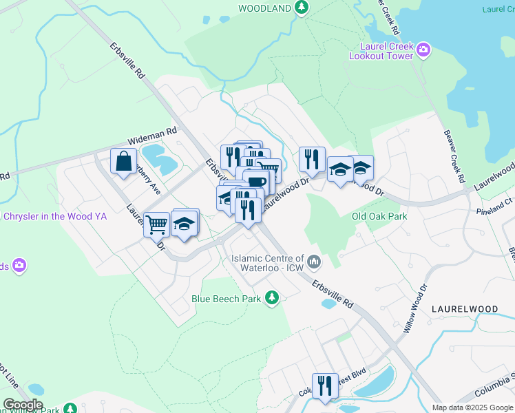 map of restaurants, bars, coffee shops, grocery stores, and more near 1645 Erbsville Road in Waterloo