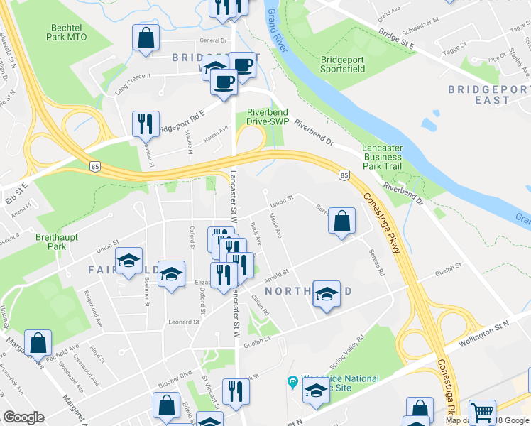 map of restaurants, bars, coffee shops, grocery stores, and more near 1175 Union Street in Kitchener