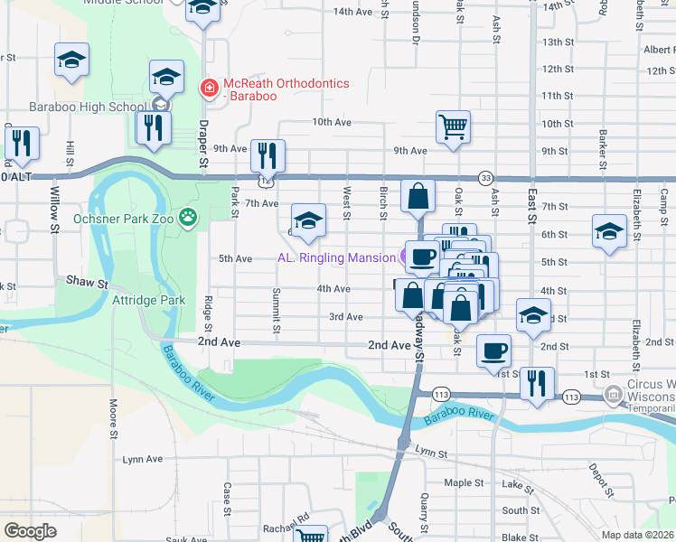map of restaurants, bars, coffee shops, grocery stores, and more near 615 West Street in Baraboo