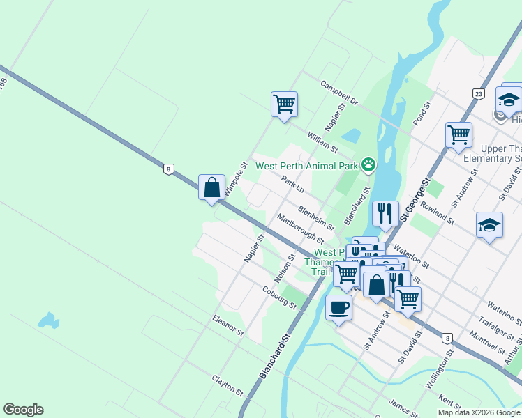 map of restaurants, bars, coffee shops, grocery stores, and more near 155 Blenheim Court in Mitchell