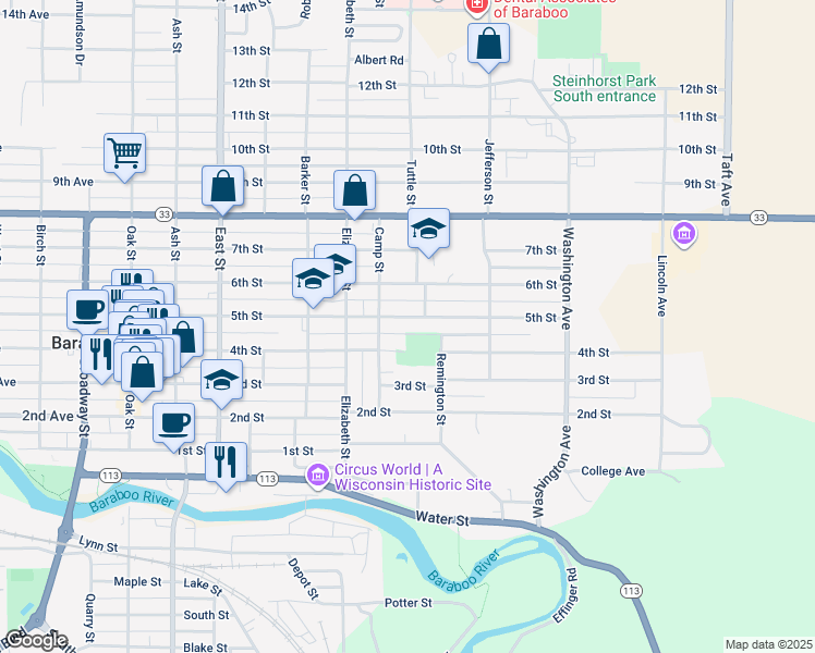 map of restaurants, bars, coffee shops, grocery stores, and more near 720 5th Street in Baraboo