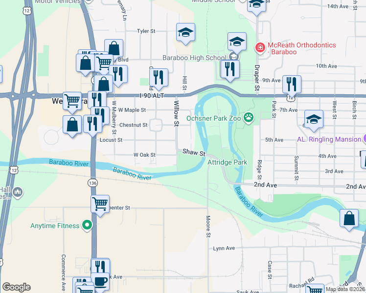 map of restaurants, bars, coffee shops, grocery stores, and more near 150 Shaw Street in Baraboo