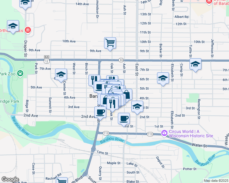 map of restaurants, bars, coffee shops, grocery stores, and more near 616 Oak Street in Baraboo