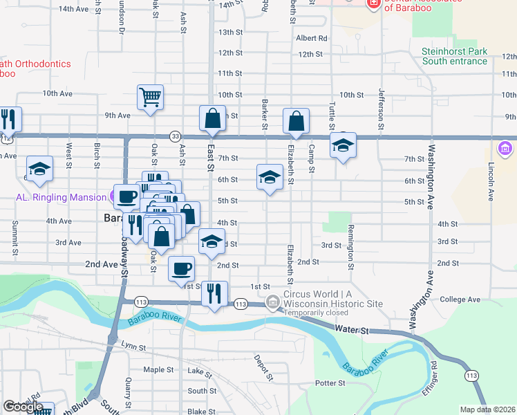map of restaurants, bars, coffee shops, grocery stores, and more near 424 5th Street in Baraboo