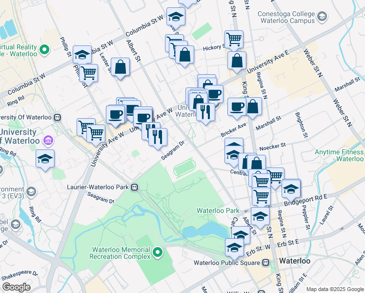 map of restaurants, bars, coffee shops, grocery stores, and more near 77 Seagram Drive in Waterloo