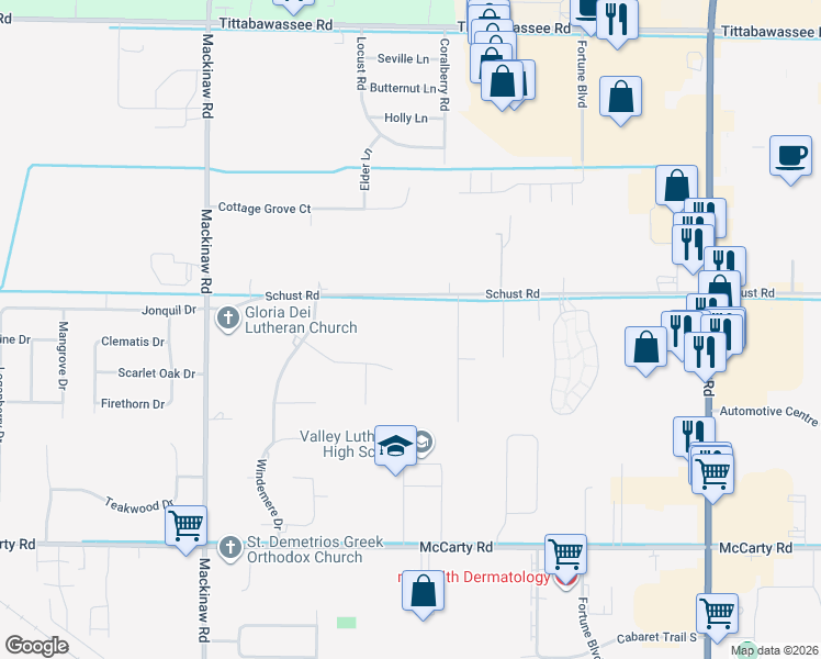 map of restaurants, bars, coffee shops, grocery stores, and more near 3500 Schust Road in Saginaw
