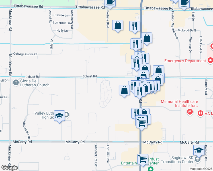 map of restaurants, bars, coffee shops, grocery stores, and more near 3289 Schust Road in Saginaw