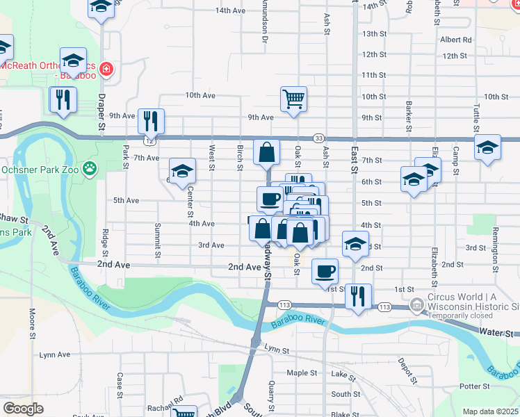 map of restaurants, bars, coffee shops, grocery stores, and more near in Baraboo