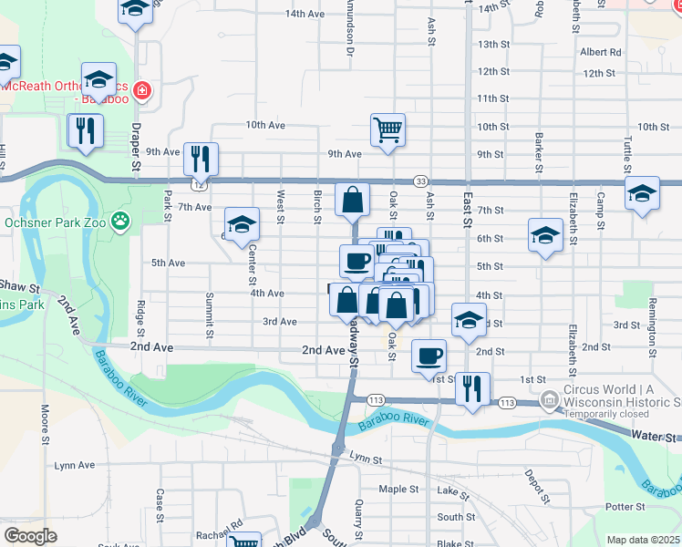 map of restaurants, bars, coffee shops, grocery stores, and more near 623 Broadway Street in Baraboo