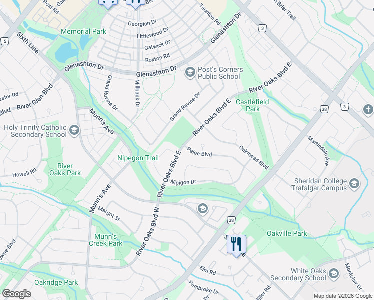 map of restaurants, bars, coffee shops, grocery stores, and more near 2152 Pelee Boulevard in Oakville
