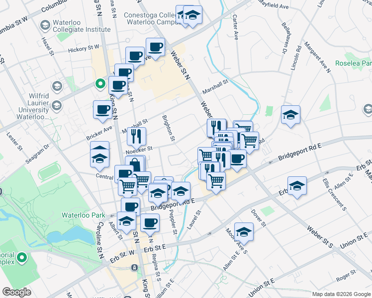 map of restaurants, bars, coffee shops, grocery stores, and more near 142 Brighton Street in Waterloo
