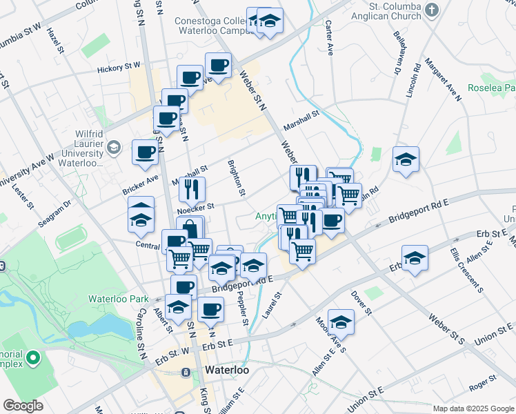 map of restaurants, bars, coffee shops, grocery stores, and more near 142 Brighton Street in Waterloo