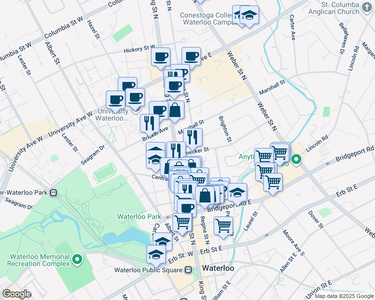 map of restaurants, bars, coffee shops, grocery stores, and more near 14 Noecker Street in Waterloo