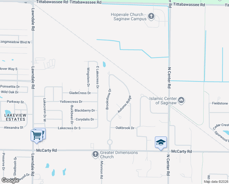 map of restaurants, bars, coffee shops, grocery stores, and more near 4414 Brookstone Drive in Saginaw