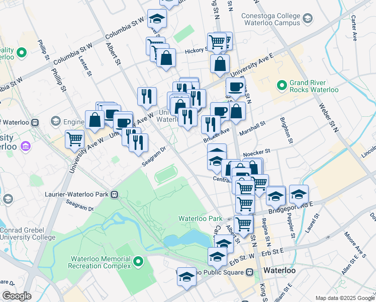 map of restaurants, bars, coffee shops, grocery stores, and more near 53 Bricker Avenue in Waterloo