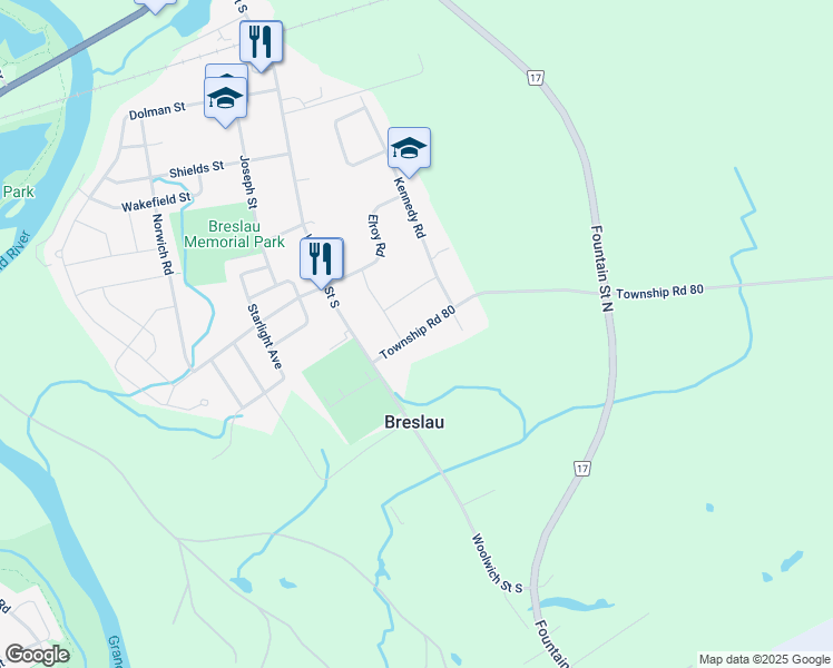 map of restaurants, bars, coffee shops, grocery stores, and more near 27 Menno Street in Breslau