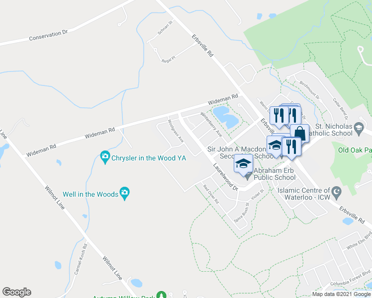 map of restaurants, bars, coffee shops, grocery stores, and more near 571 Woolgrass Avenue in Waterloo