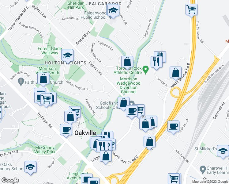 map of restaurants, bars, coffee shops, grocery stores, and more near 530 Falgarwood Drive in Oakville