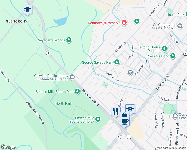 map of restaurants, bars, coffee shops, grocery stores, and more near 3229 Trailside Drive in Oakville