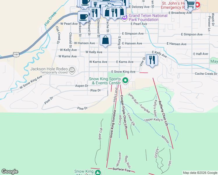map of restaurants, bars, coffee shops, grocery stores, and more near 10 Snow King Avenue in Jackson