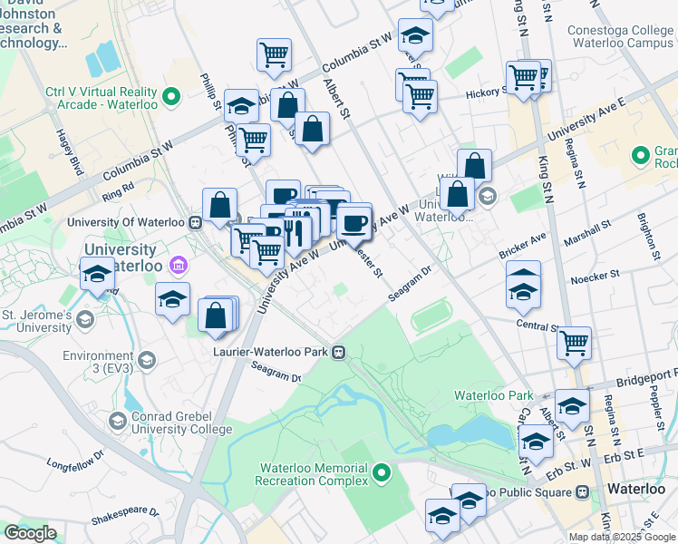 map of restaurants, bars, coffee shops, grocery stores, and more near 157 University Avenue West in Waterloo