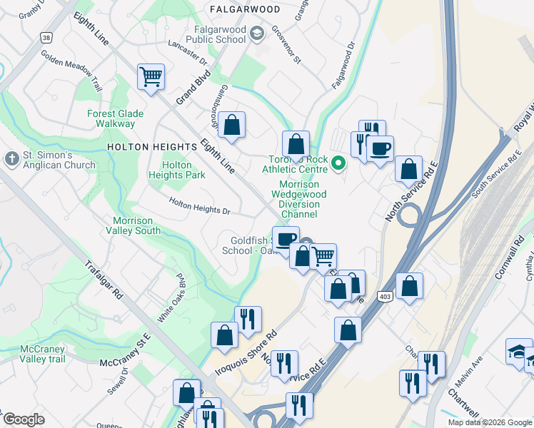 map of restaurants, bars, coffee shops, grocery stores, and more near 530 Falgarwood Drive in Oakville