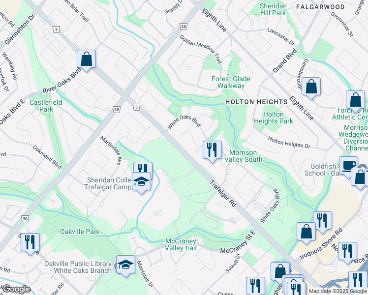 map of restaurants, bars, coffee shops, grocery stores, and more near 1419 Trafalgar Road in Oakville