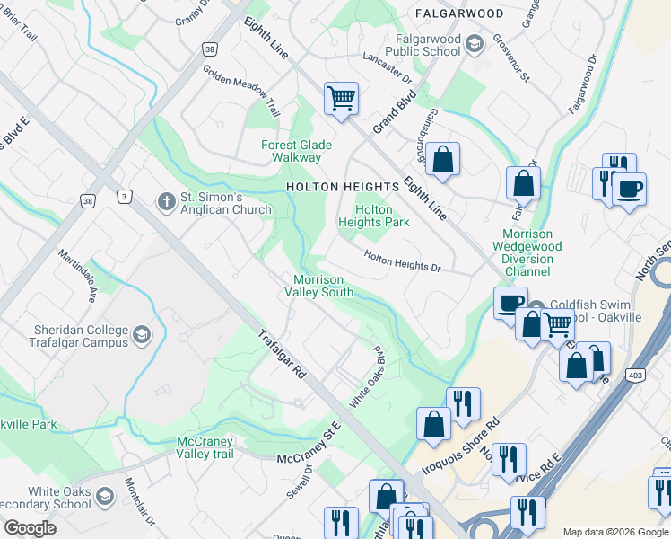 map of restaurants, bars, coffee shops, grocery stores, and more near 1296 Hillview Crescent in Oakville