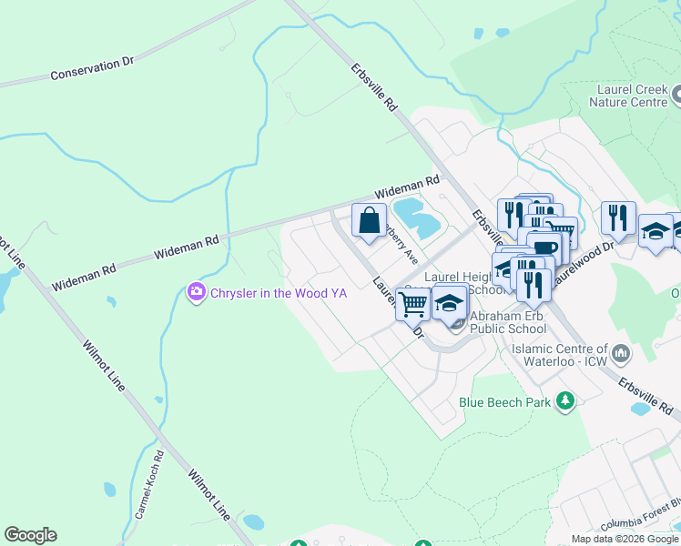 map of restaurants, bars, coffee shops, grocery stores, and more near 651 Meadowsweet Avenue in Waterloo