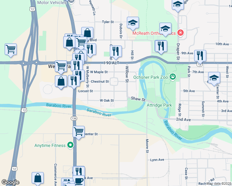 map of restaurants, bars, coffee shops, grocery stores, and more near 233 Locust Street in Baraboo