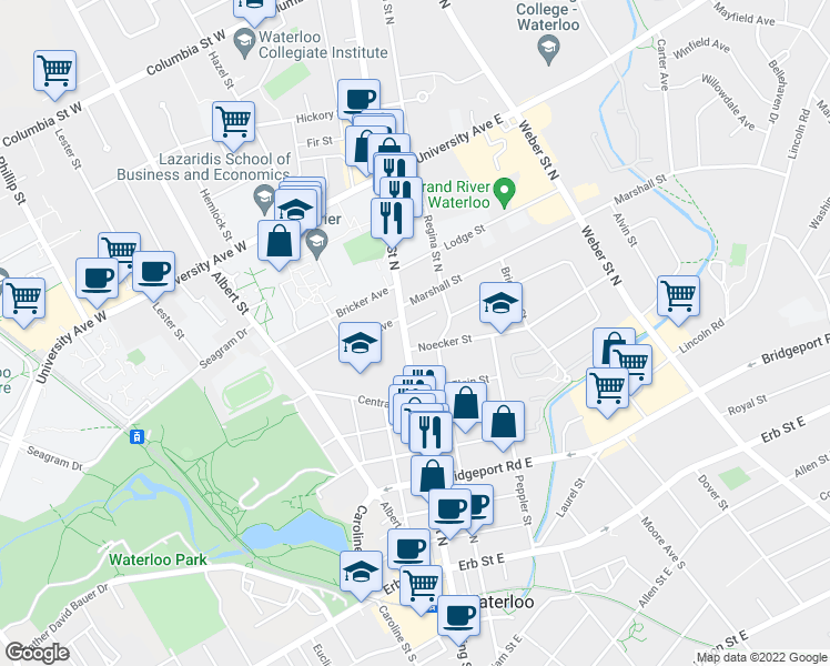 map of restaurants, bars, coffee shops, grocery stores, and more near 14 Noecker Street in Waterloo