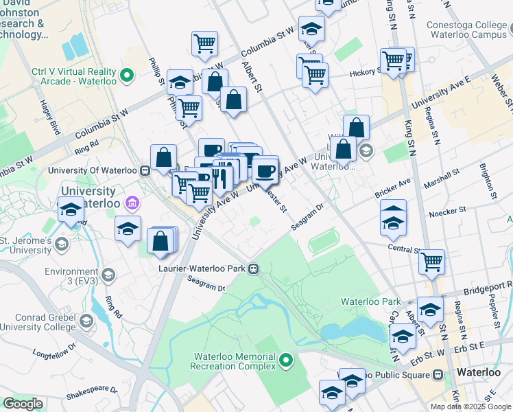 map of restaurants, bars, coffee shops, grocery stores, and more near 137 University Avenue West in Waterloo