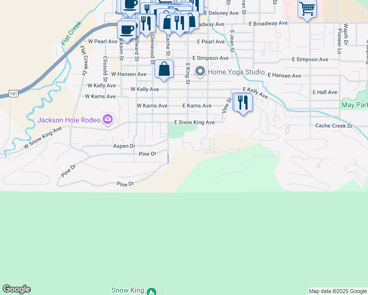 map of restaurants, bars, coffee shops, grocery stores, and more near 10 Snow King Avenue in Jackson