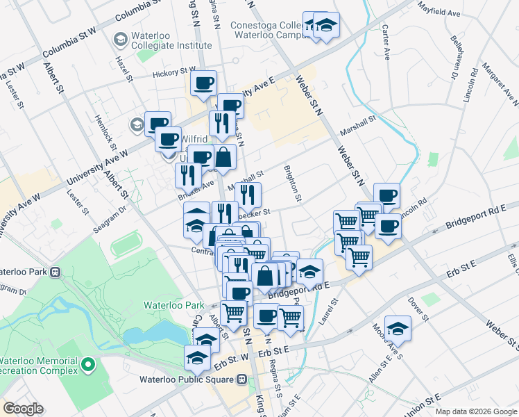 map of restaurants, bars, coffee shops, grocery stores, and more near 39 Noecker Street in Waterloo