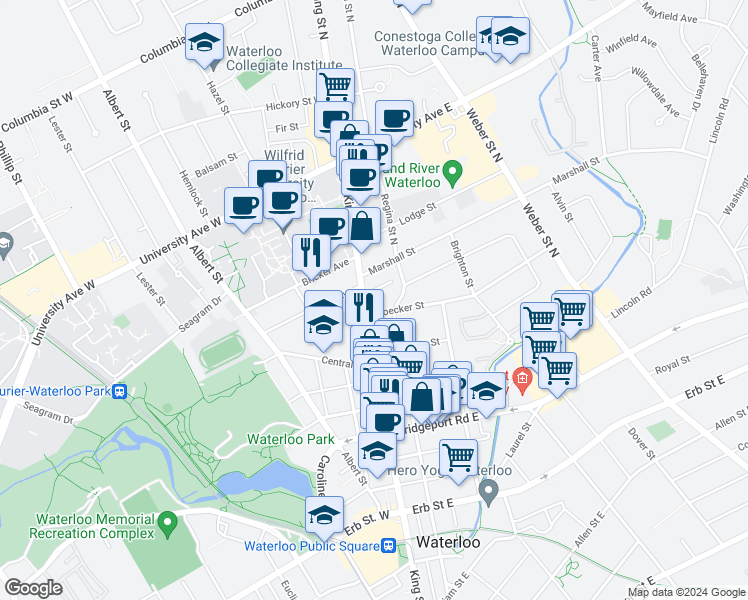 map of restaurants, bars, coffee shops, grocery stores, and more near 107 Regina Street North in Waterloo