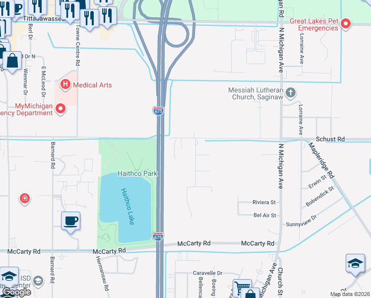 map of restaurants, bars, coffee shops, grocery stores, and more near 4456 Pawlick Drive in Saginaw